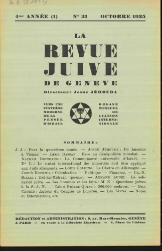 La Revue Juive de Genève. Vol. 4 n° 1 fasc. 31 (octobre 1935)
